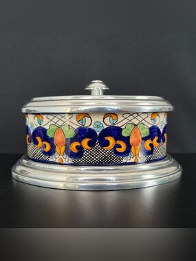 Vintage Hand-Painted Mexico Art Pottery & Cast Metal Lidded Container Talavera